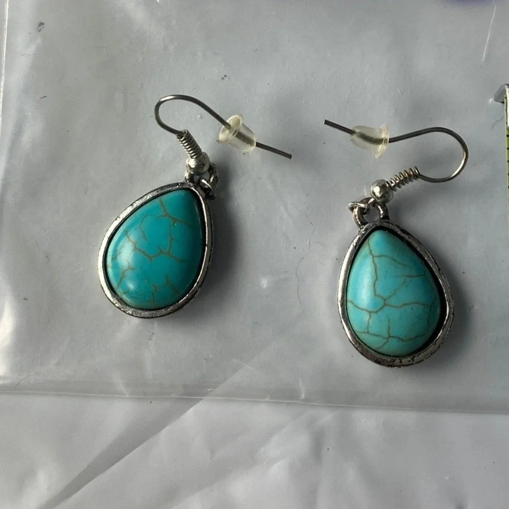 Teardrop Faux Turquoise Silver Tone Fishhook Drop Earrings Boho Southwestern